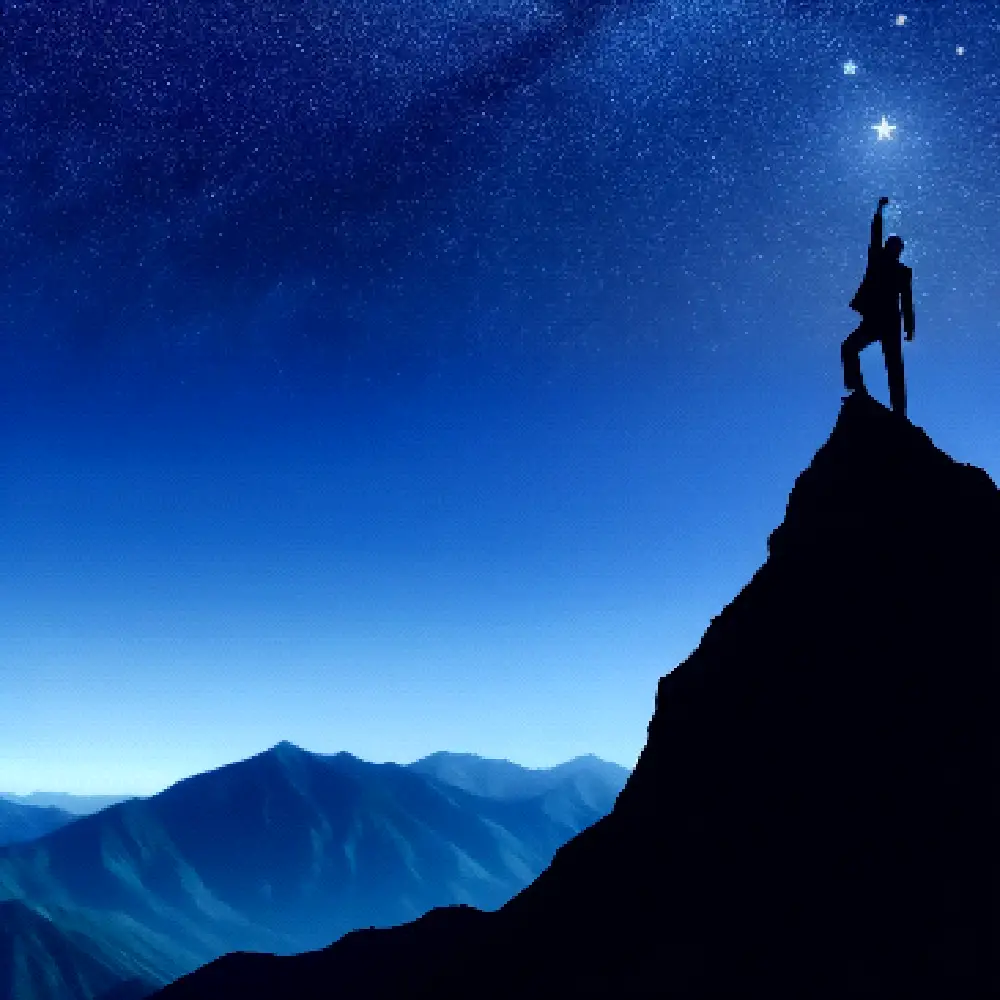 A person standing on top of a mountain at night.