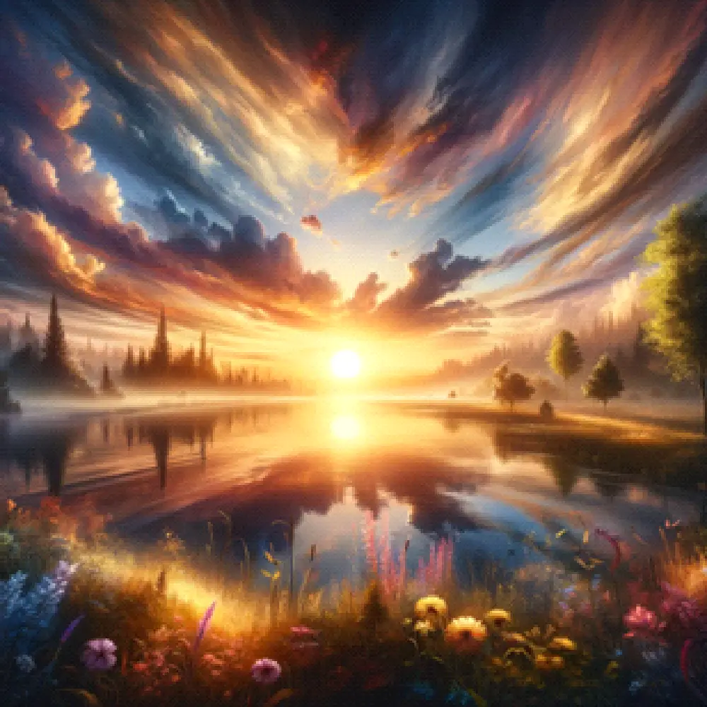 A painting of the sun setting over a lake.